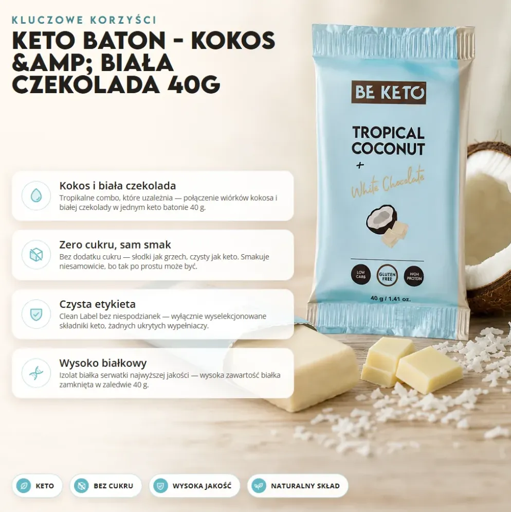 Baton Keto – Kokos & Biała Czekolada 40g – Beketo