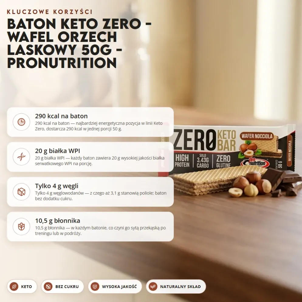 Baton Keto Zero – Wafel Orzech Laskowy 50g – Pronutrition