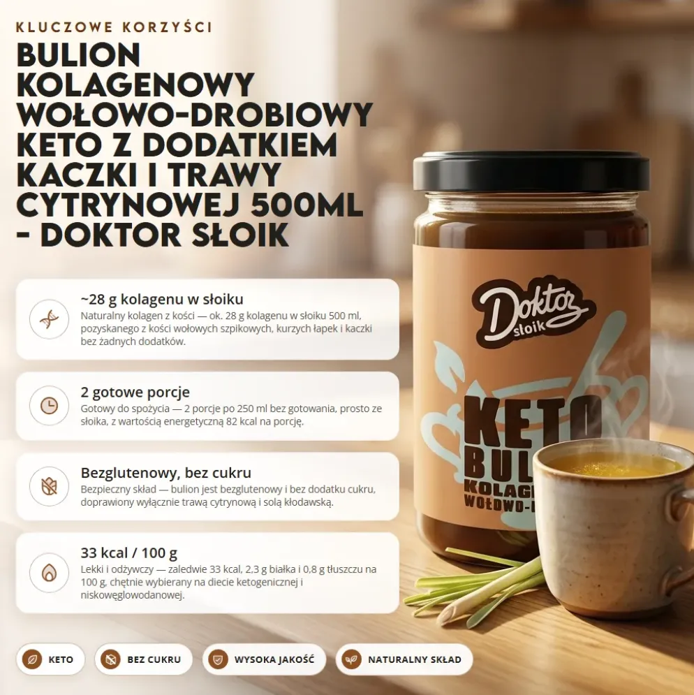 Bulion kolagenowy wołowo-drobiowy KETO z dodatkiem kaczki i trawy cytrynowej 500ml – Doktor Słoik