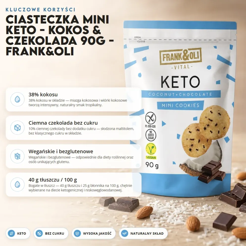 Ciasteczka Mini Keto – Kokos & Czekolada 90g – Frank&Oli