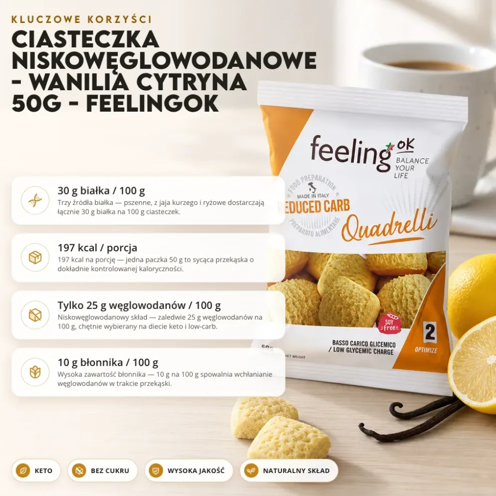 Ciasteczka Niskowęglowodanowe – Wanilia Cytryna 50g – FeelingOK