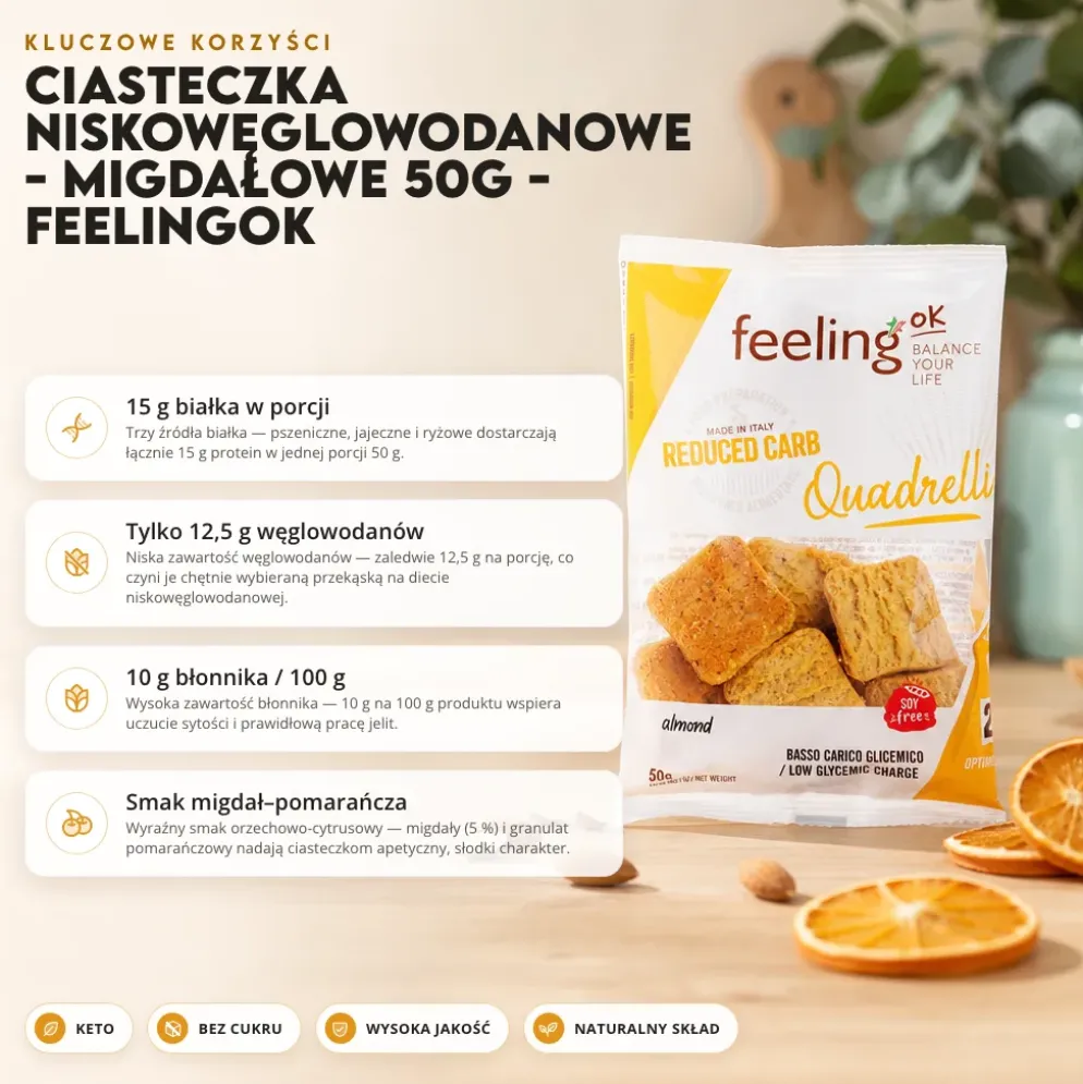 Ciasteczka Niskowęglowodanowe – Migdałowe 50g – FeelingOK
