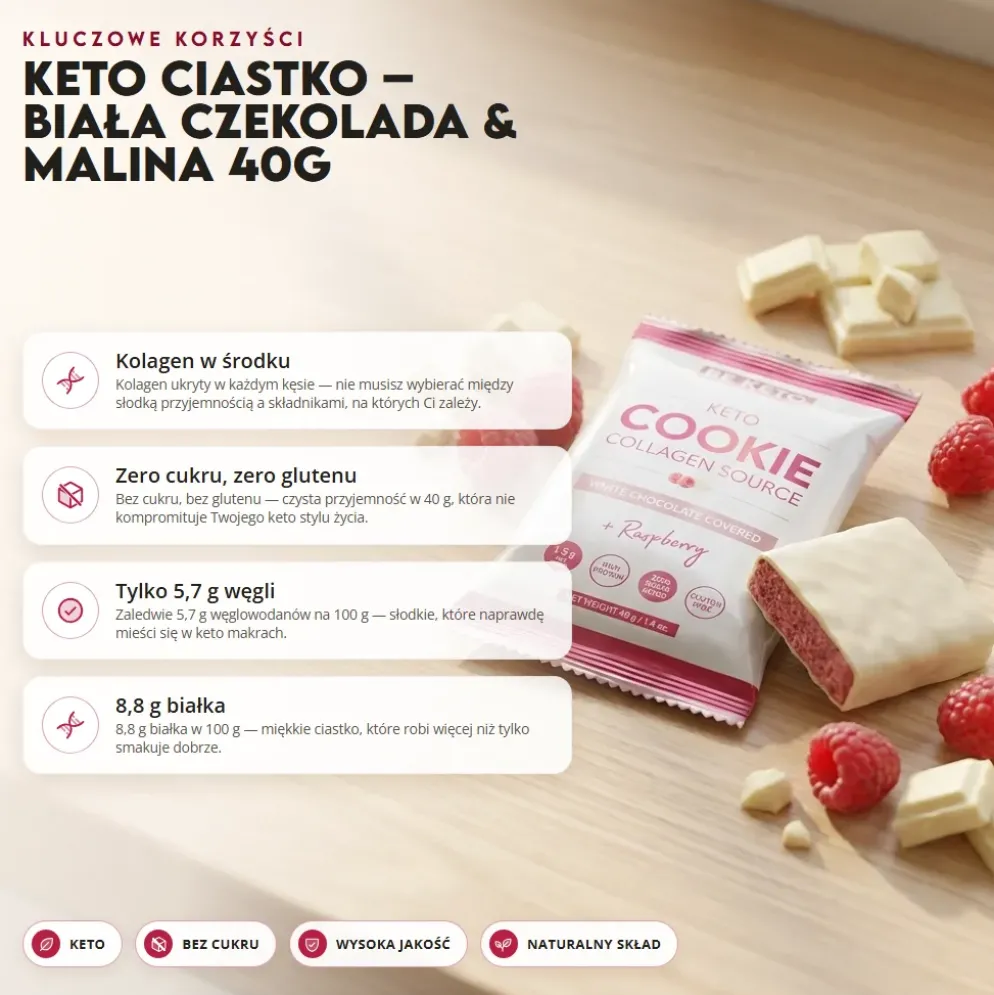 Ciastko Keto – Biała Czekolada & Malina 40g – Beketo