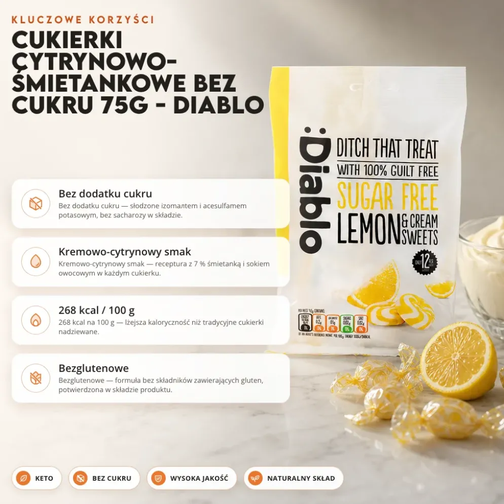 Cukierki cytrynowo-śmietankowe bez cukru 75g – Diablo