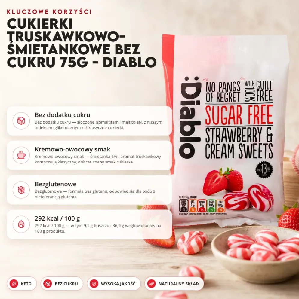 Cukierki truskawkowo-śmietankowe bez cukru 75g – Diablo