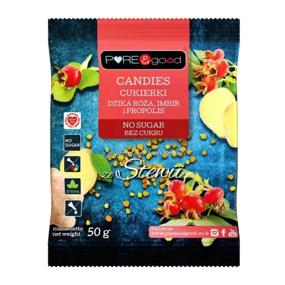 Cukierki z Dziką Różą, Imbirem i Propolisem bez Cukru 50g – Pure&Good