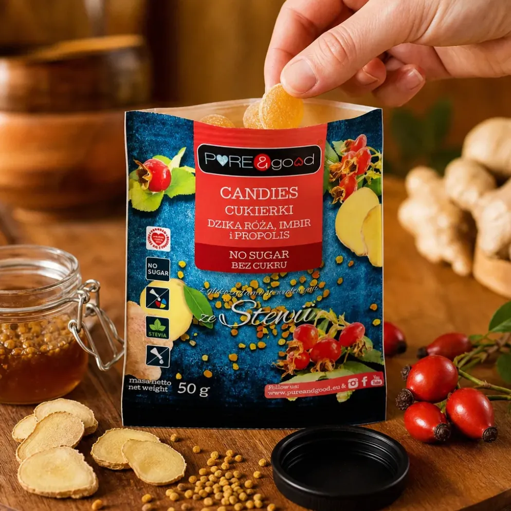 Cukierki z Dziką Różą, Imbirem i Propolisem bez Cukru 50g – Pure&Good
