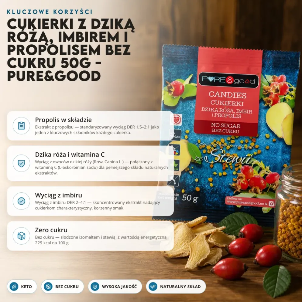 Cukierki z Dziką Różą, Imbirem i Propolisem bez Cukru 50g – Pure&Good