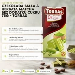 Czekolada biała & herbata Matcha bez dodatku cukru 75g – Torras