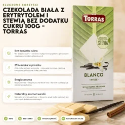 Czekolada biała z erytrytolem i stewią bez dodatku cukru 100g – Torras