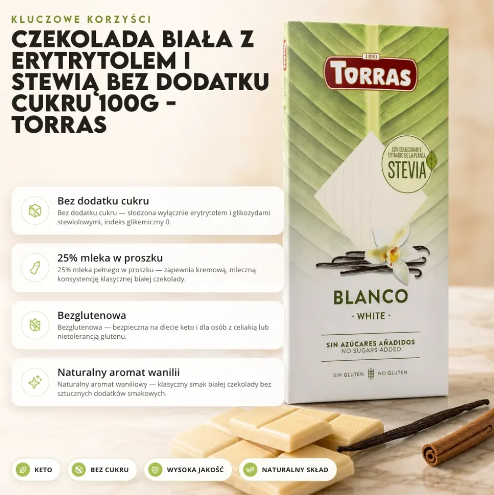 Czekolada biała z erytrytolem i stewią bez dodatku cukru 100g – Torras