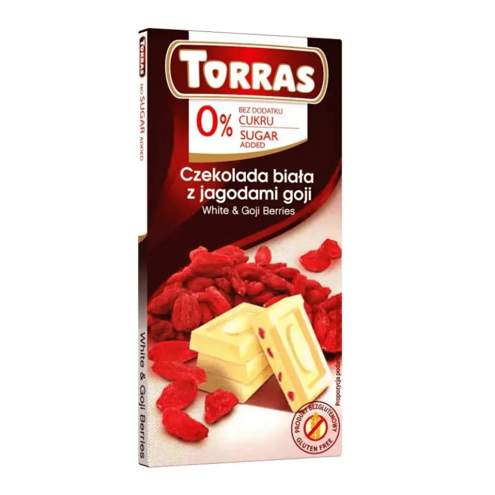 Czekolada biała z jagodami goji bez dodatku cukru 75g – Torras