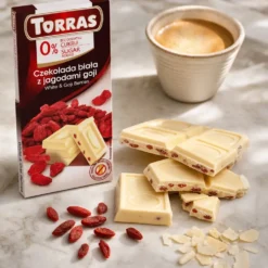 Czekolada biała z jagodami goji bez dodatku cukru 75g – Torras