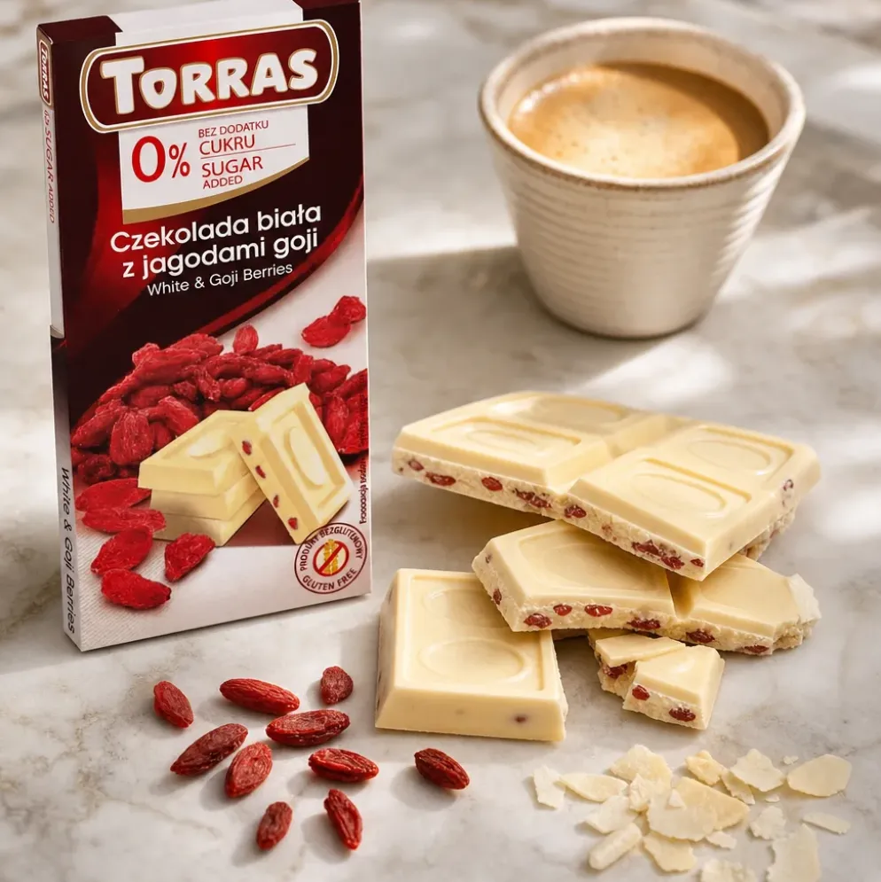 Czekolada biała z jagodami goji bez dodatku cukru 75g – Torras