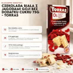 Czekolada biała z jagodami goji bez dodatku cukru 75g – Torras
