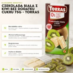 Czekolada biała z kiwi bez dodatku cukru 75g – Torras