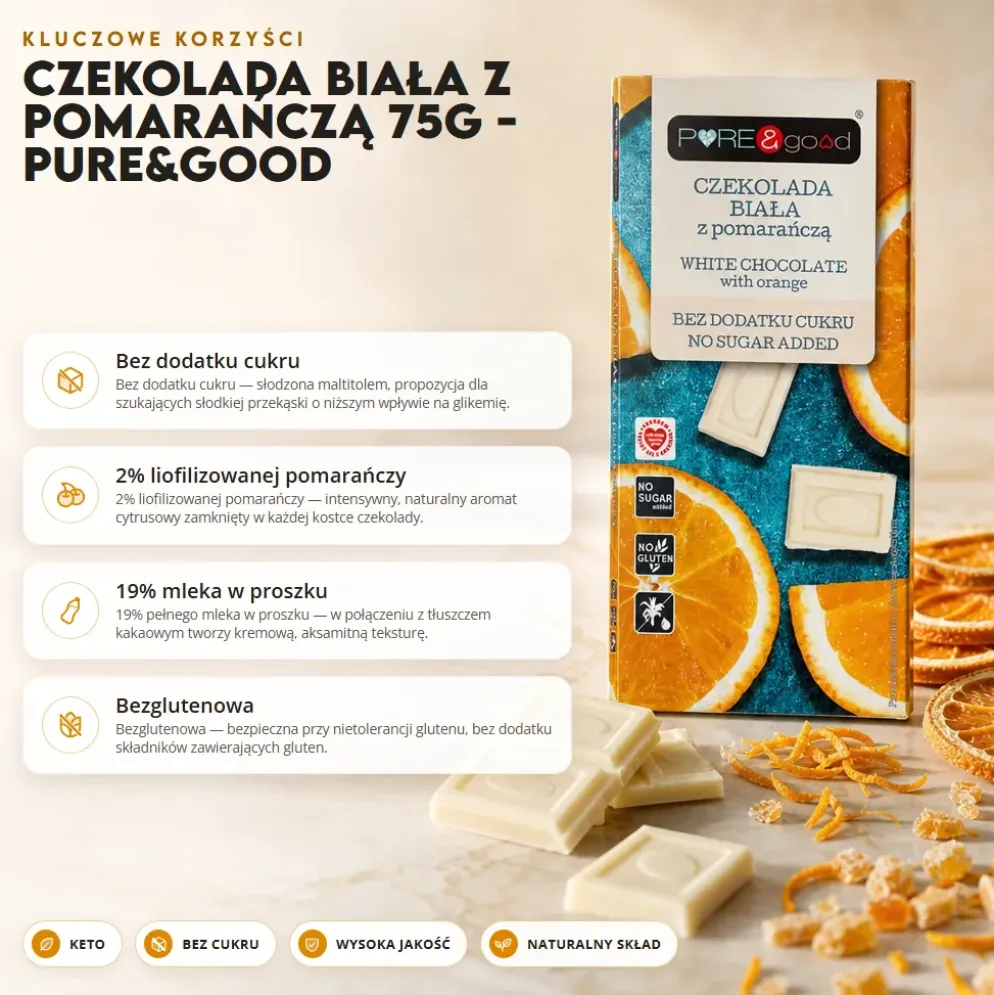 Czekolada Biała z Pomarańczą 75g – Pure&Good