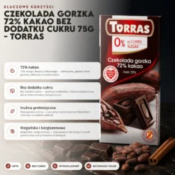 Czekolada gorzka 72% kakao bez dodatku cukru 75g – Torras
