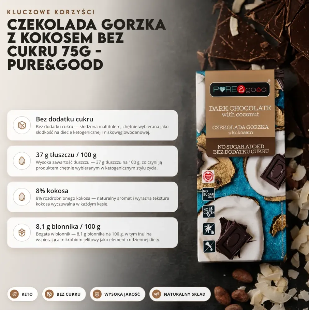 Czekolada Gorzka z Kokosem Bez Cukru 75g – Pure&Good
