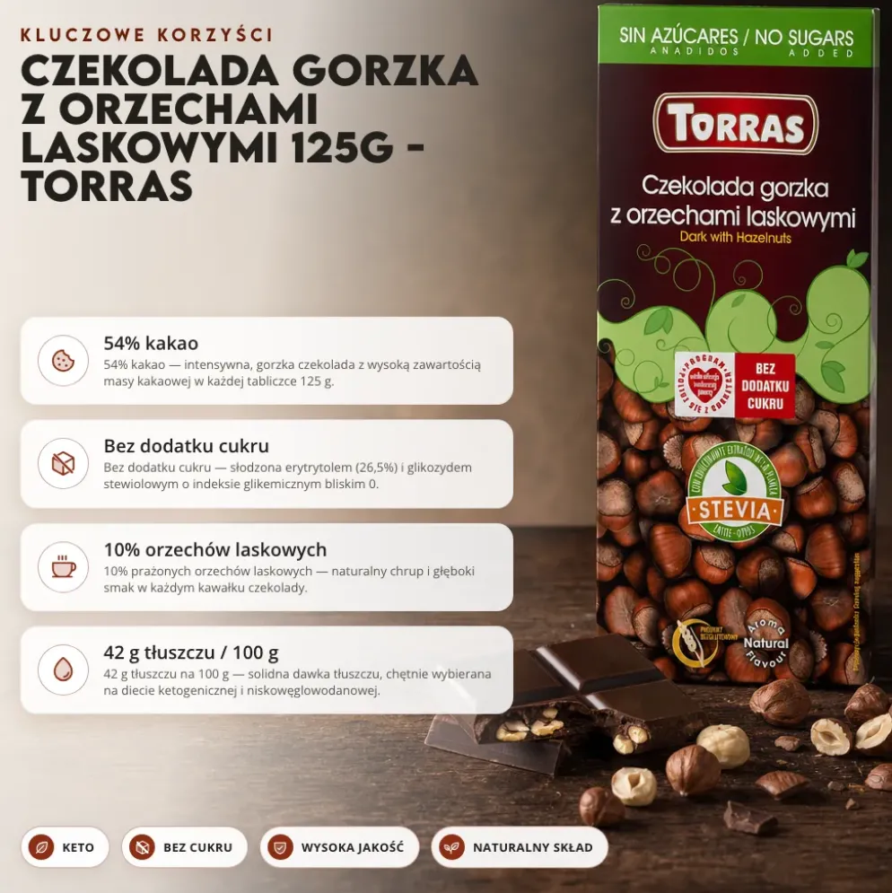 Czekolada gorzka z orzechami laskowymi 125g – Torras