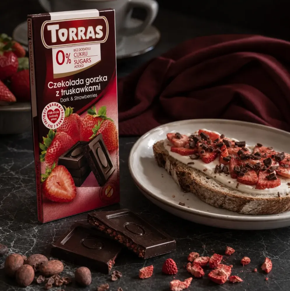 Czekolada gorzka z truskawką bez dodatku cukru 75g – Torras
