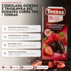 Czekolada gorzka z truskawką bez dodatku cukru 75g – Torras