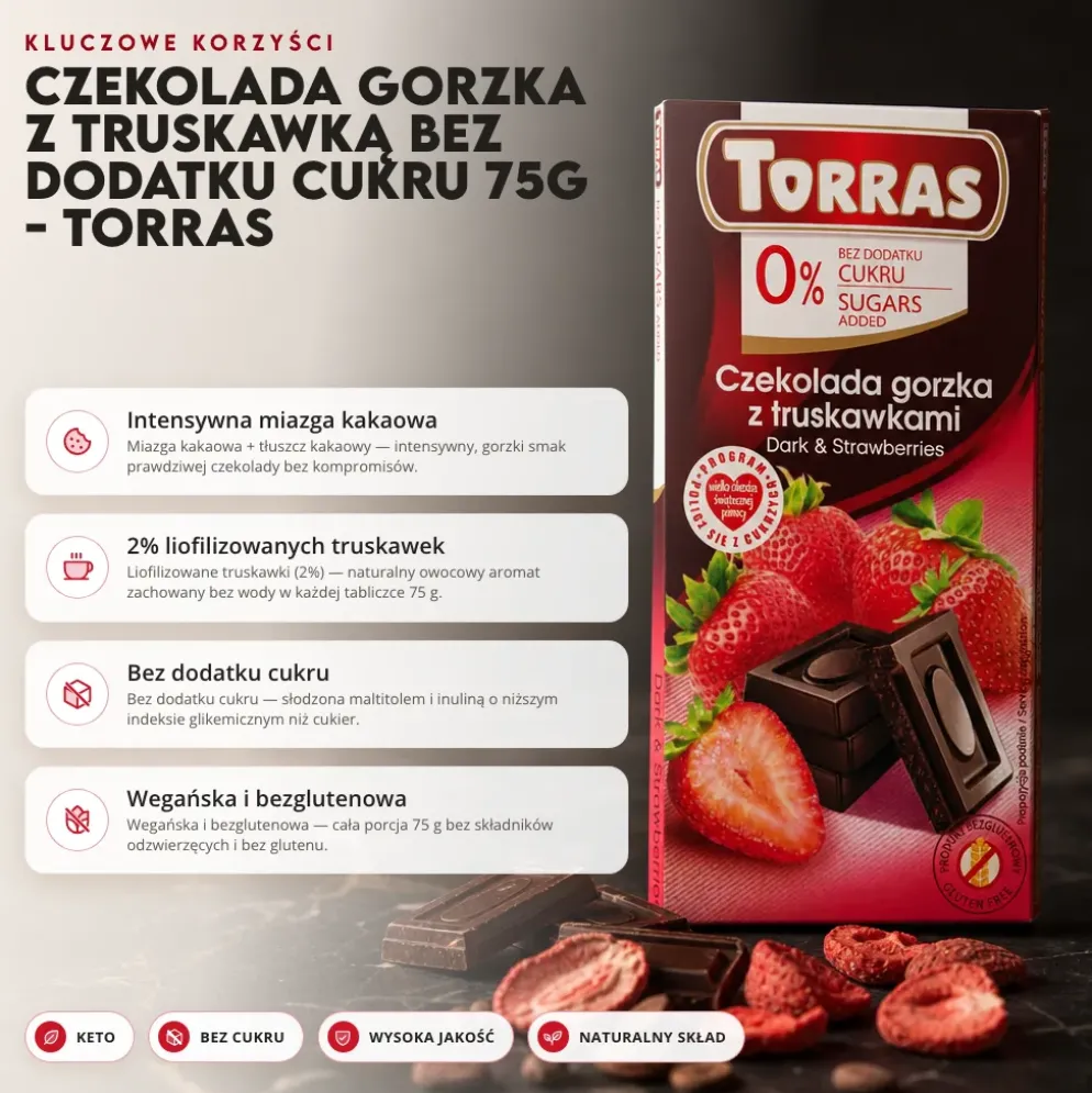 Czekolada gorzka z truskawką bez dodatku cukru 75g – Torras