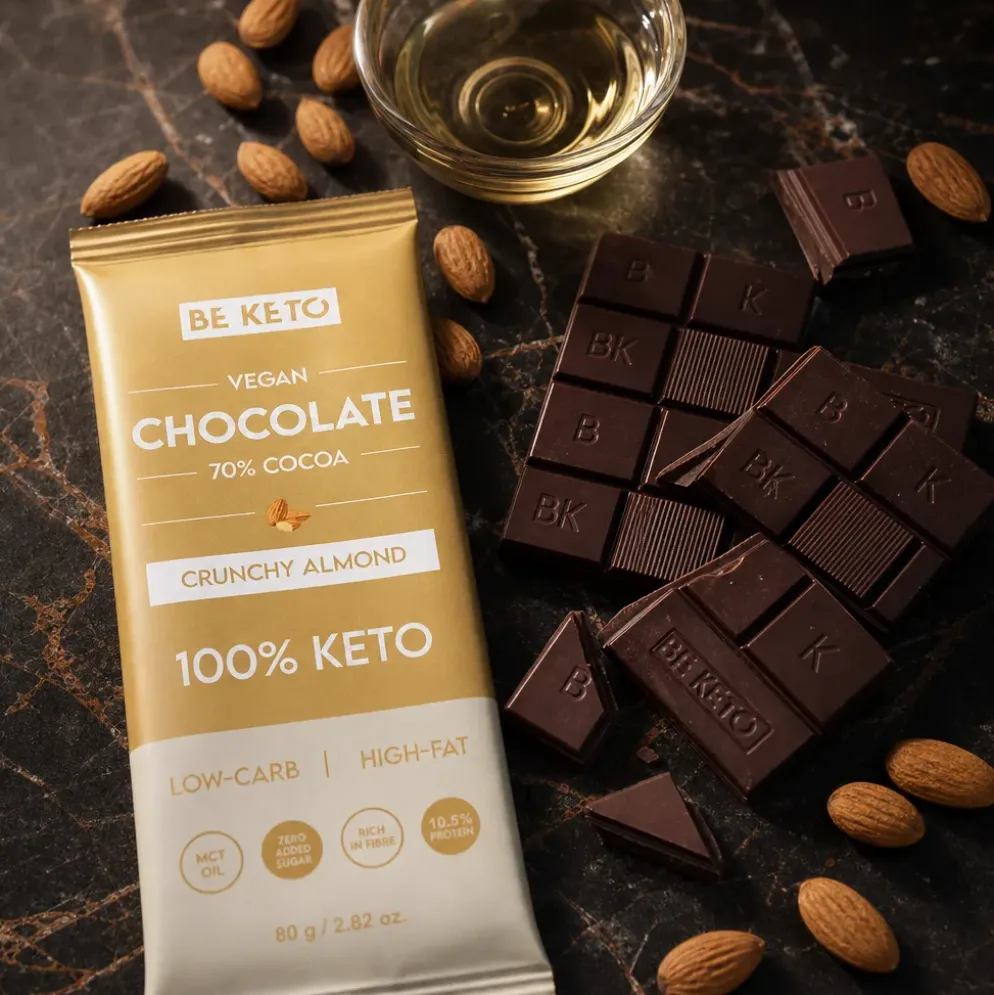 Czekolada Keto Wegańska z Olejem MCT – Chrupiący Migdał 80g – BeKeto