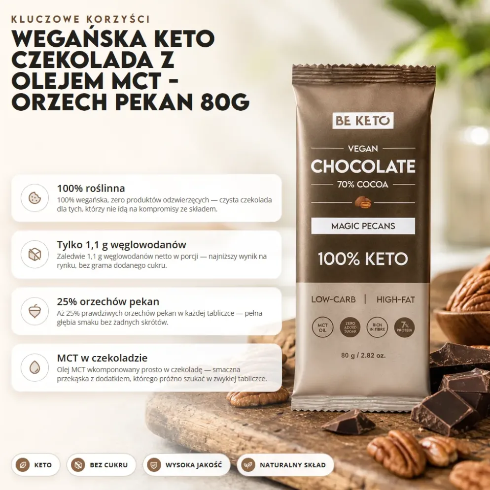 Czekolada Keto Wegańska z Olejem MCT – Orzech Pekan 80g – BeKeto