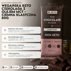 Czekolada Keto Wegańska z Olejem MCT – Ciemna Klasyczna 80g – Beketo