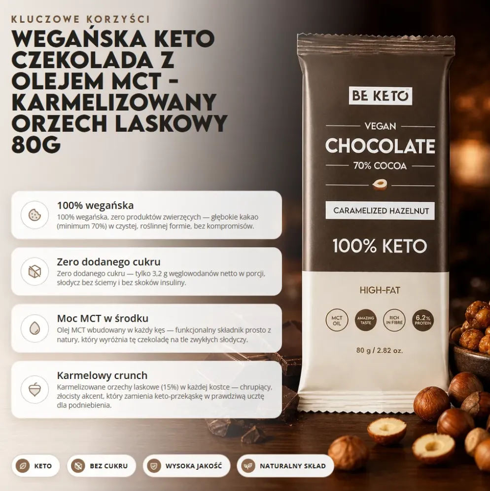 Czekolada Keto Wegańska z Olejem MCT – Karmelizowany Orzech Laskowy 80g – BeKeto