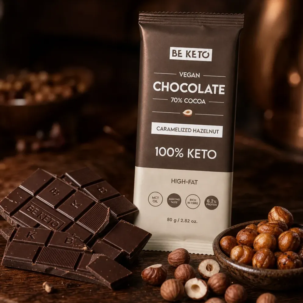 Czekolada Keto Wegańska z Olejem MCT – Karmelizowany Orzech Laskowy 80g – BeKeto