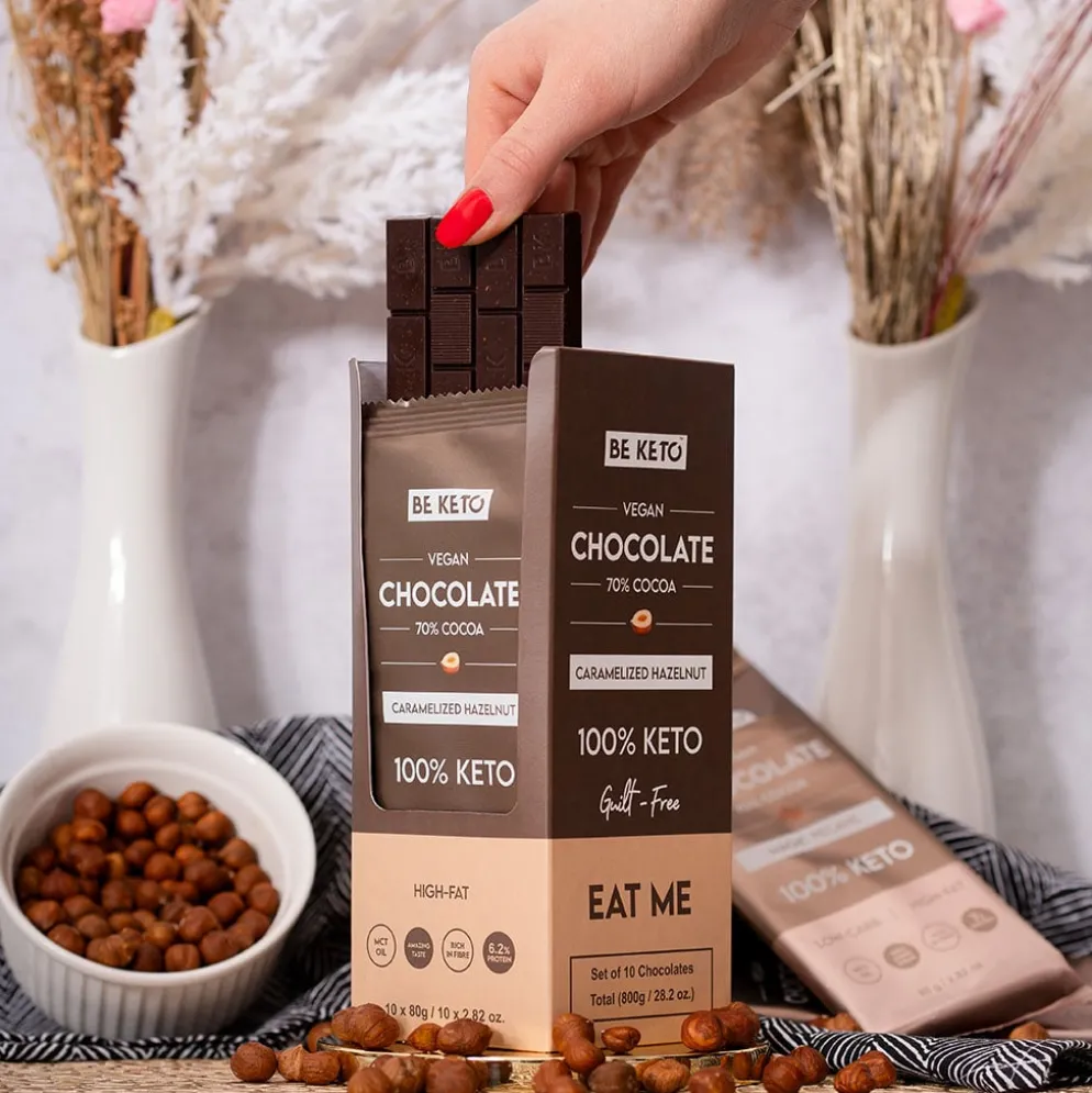 Czekolada Keto Wegańska z Olejem MCT – Karmelizowany Orzech Laskowy 80g – BeKeto