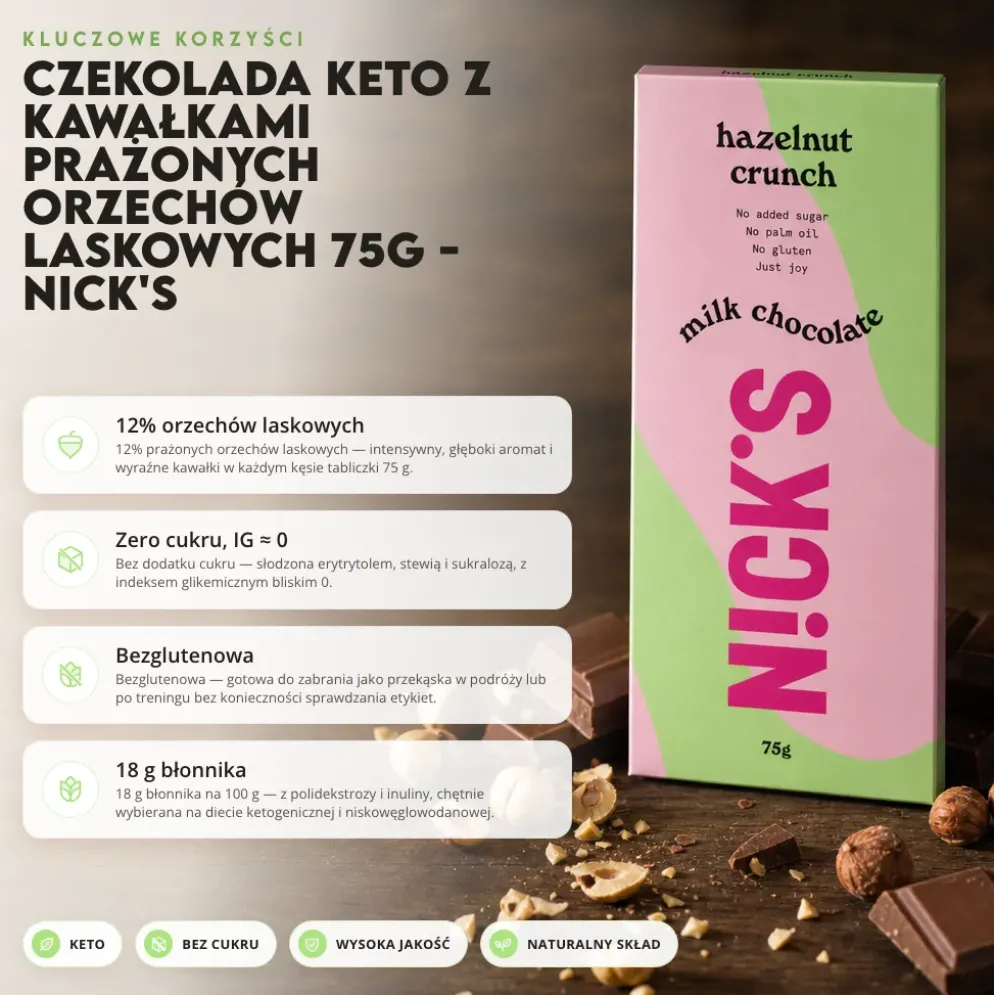 Czekolada Keto z Kawałkami Prażonych Orzechów Laskowych 75g – Nick’s