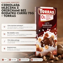 Czekolada mleczna z orzechami bez dodatku cukru 75g – Torras