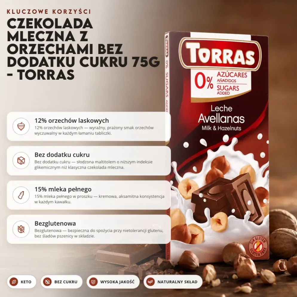 Czekolada mleczna z orzechami bez dodatku cukru 75g – Torras