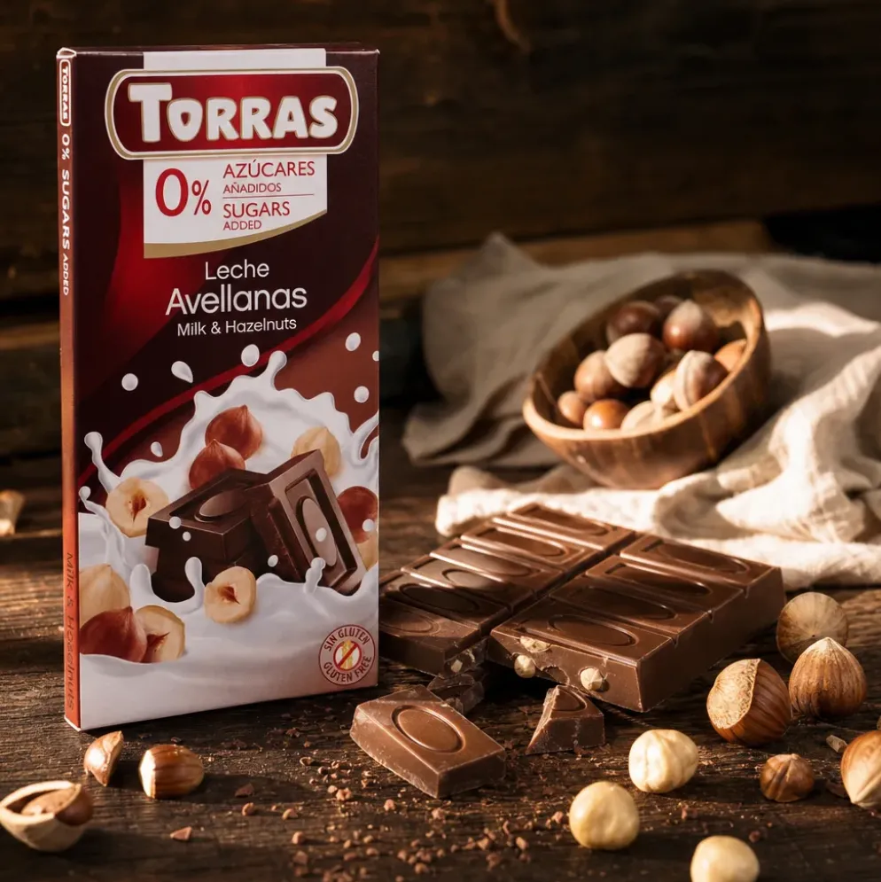 Czekolada mleczna z orzechami bez dodatku cukru 75g – Torras