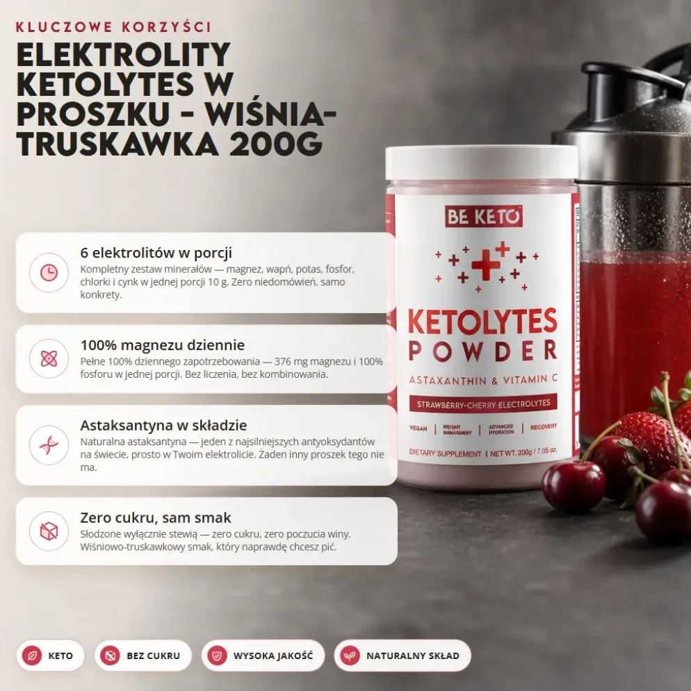 Elektrolity Keto Ketolytes w Proszku – Wiśnia Truskawka 200g – BeKeto