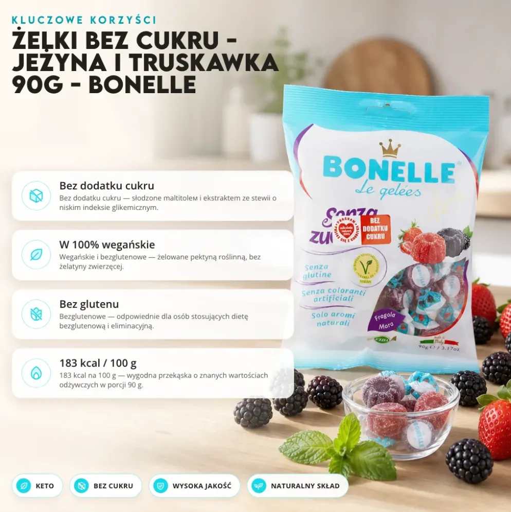 Żelki Bez Cukru – Jeżyna i Truskawka 90g – Bonelle