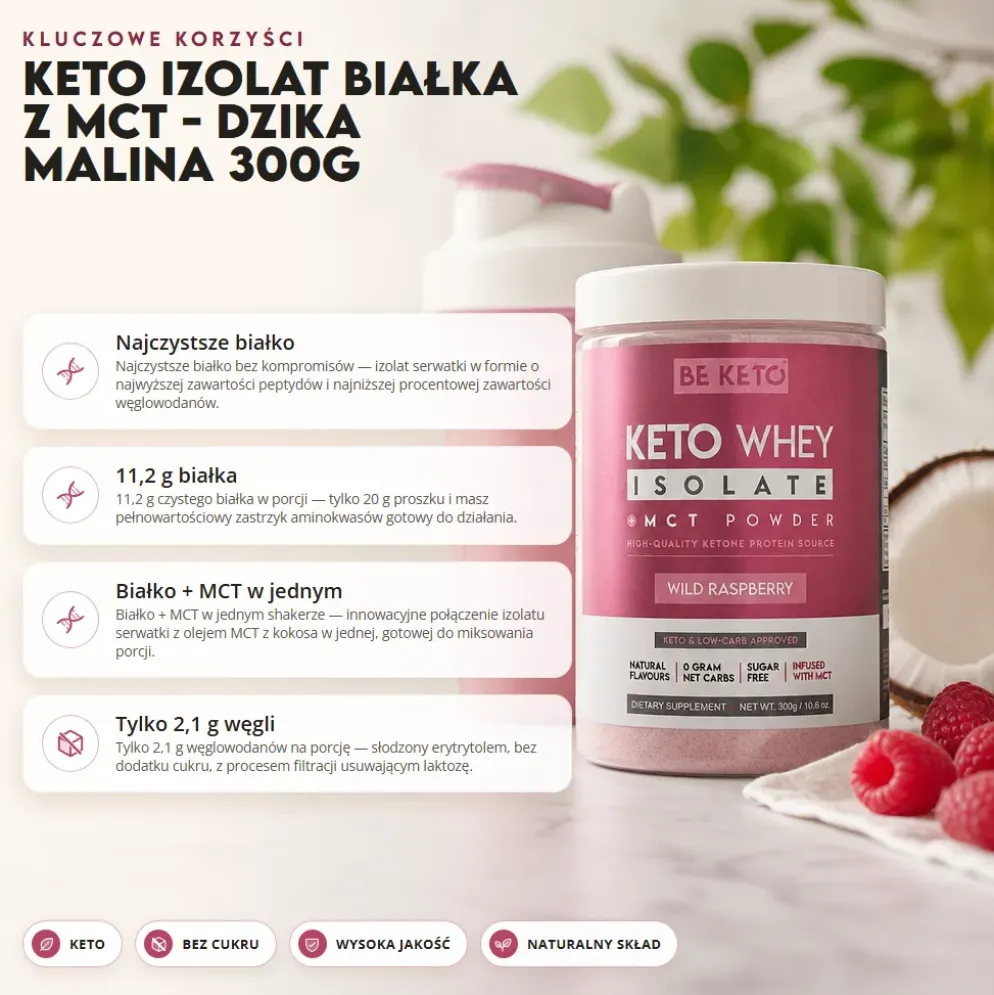 Izolat Białka z Olejem MCT – Dzika Malina 300g – BeKeto