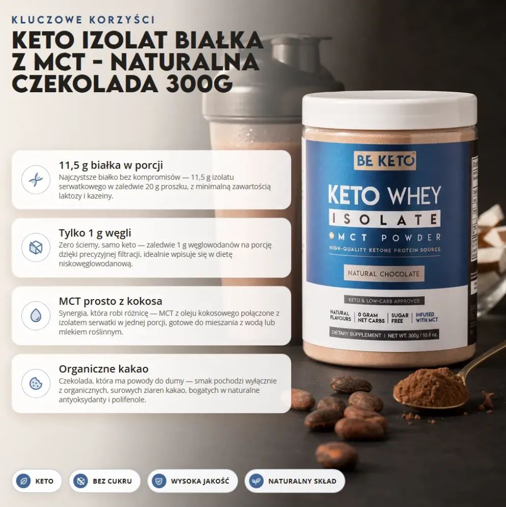 Izolat Białka z Olejem MCT – Naturalna Czekolada 300g – BeKeto