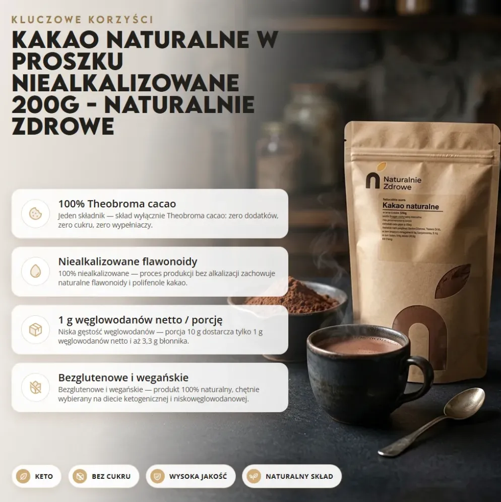 Kakao naturalne w proszku niealkalizowane 200g – Naturalnie Zdrowe