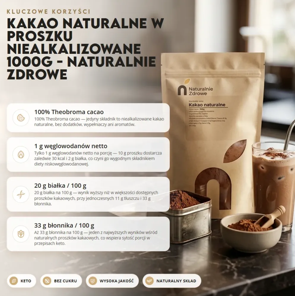 Kakao naturalne w proszku niealkalizowane 1000g – Naturalnie Zdrowe