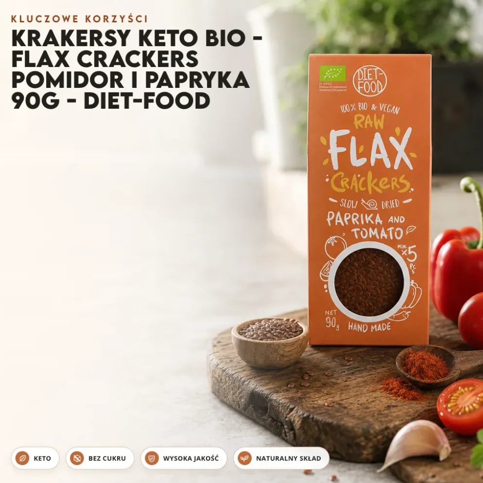 Krakersy Keto BIO – Flax Crackers Pomidor i Papryka 90g – Diet-Food