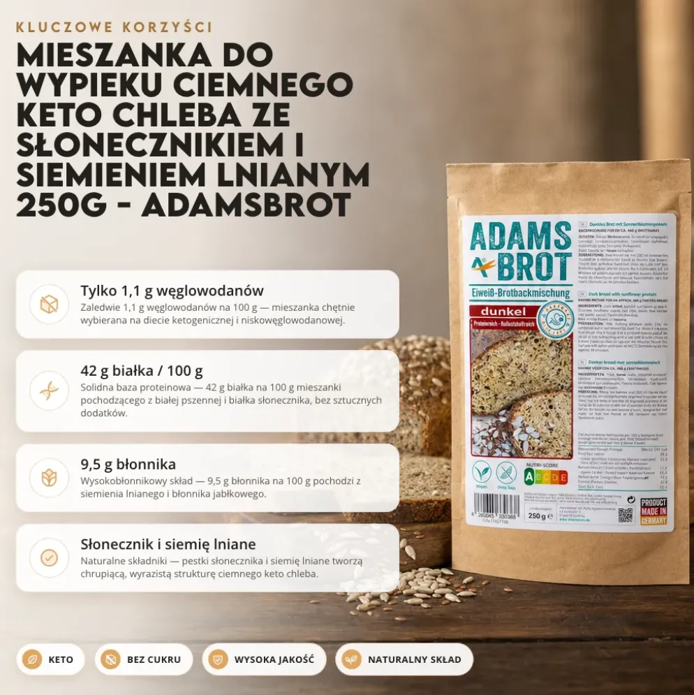 Mieszanka do wypieku ciemnego keto chleba ze słonecznikiem i siemieniem lnianym 250g – AdamsBrot