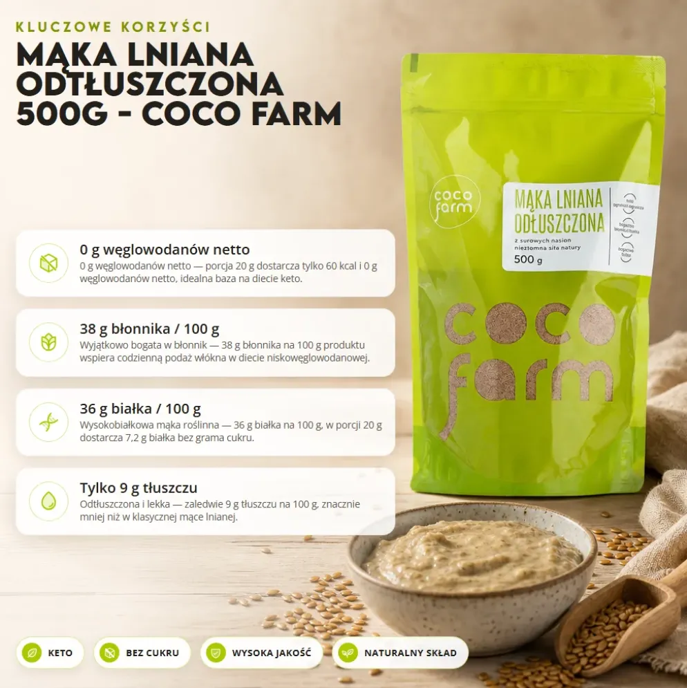 Mąka lniana odtłuszczona 500g – Coco Farm