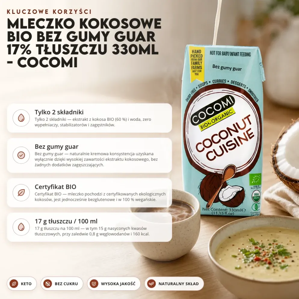 Mleczko Kokosowe BIO Bez Gumy Guar 17% Tłuszczu 330ml – COCOMI