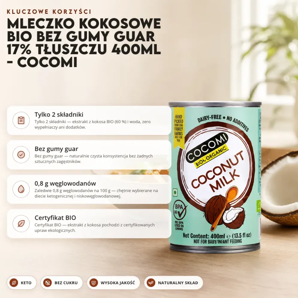 Mleczko Kokosowe BIO Bez Gumy Guar 17% Tłuszczu 400ml – COCOMI