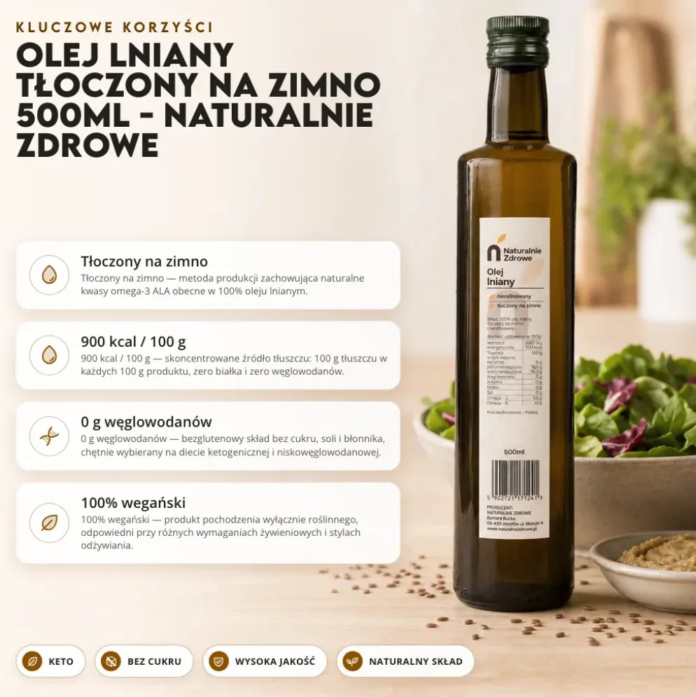 Olej Lniany Tłoczony na Zimno 500ml – Naturalnie Zdrowe